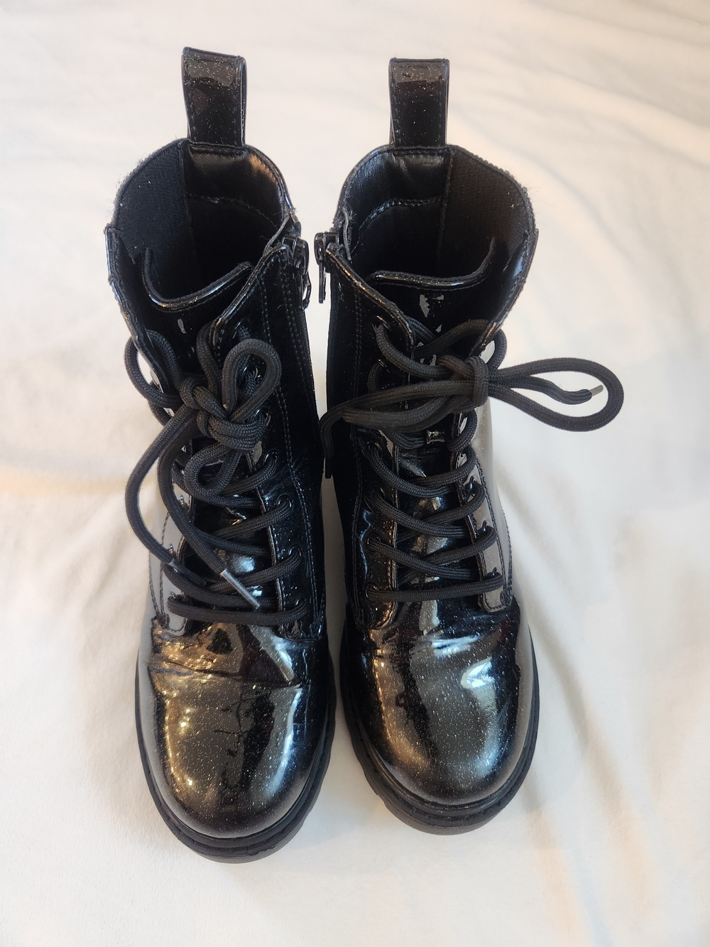Black Patent Combat Boots with Lace-Up Front